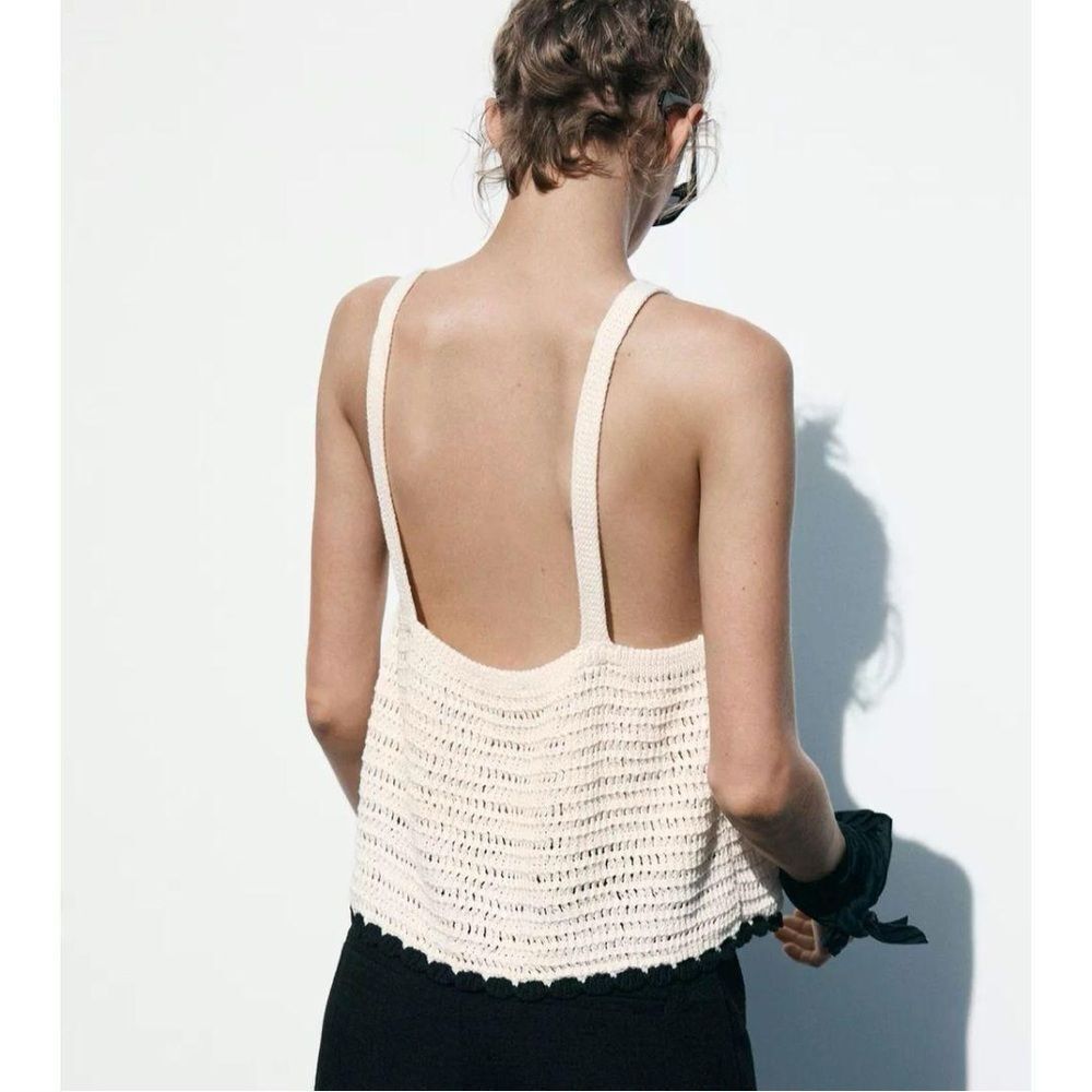 Zara Cream Knit Crop Top with Black Ties - Picture 3 of 5
